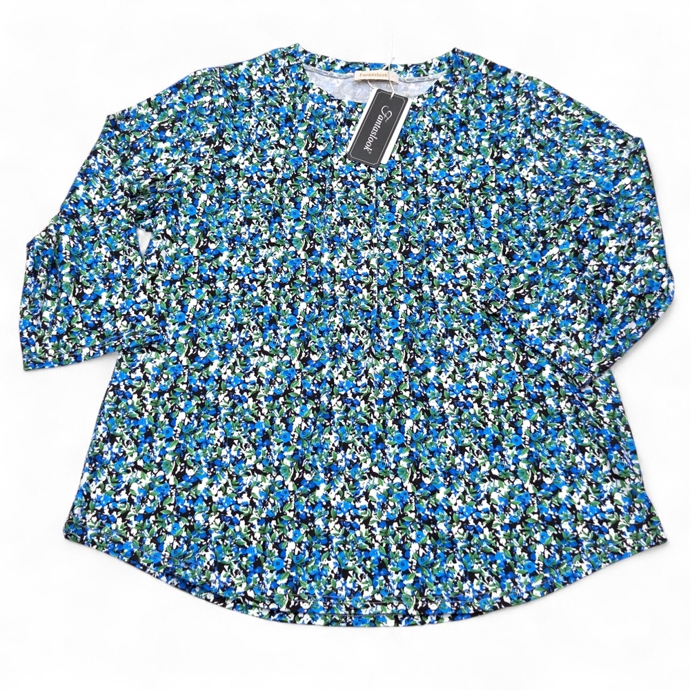 Stylish Women's Blue Floral Patterned 3/4 Sleeve Pleated Blouse Size L NWT